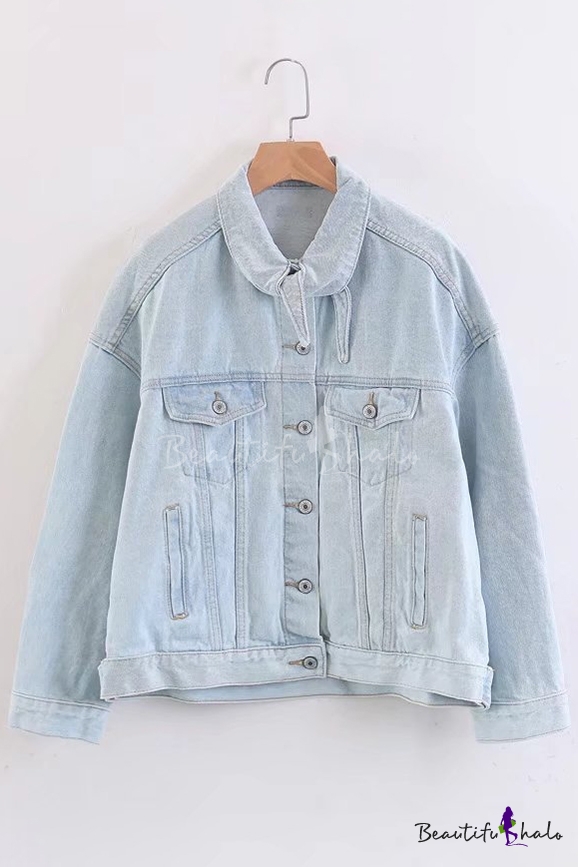 Fashion Knotted Collar Simple Plain Long Sleeve Retro Oversize Denim ...