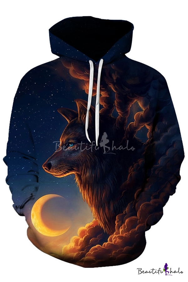 INTERESTPRINT Mens Wolf in The Dark Forest with Moon Hooded Sweatshirt