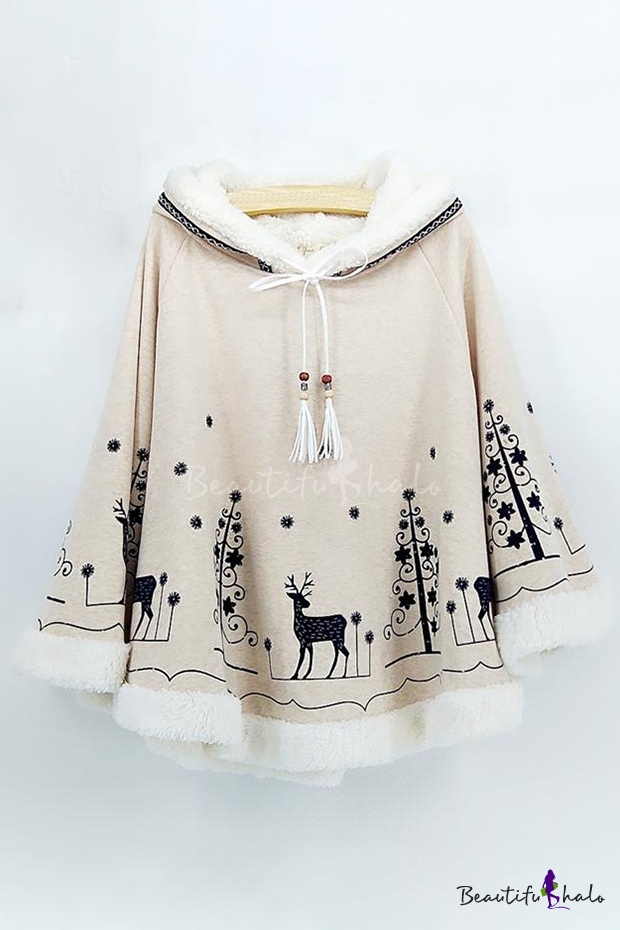 Simple Leisure Cartoon Deer Tree Print Hooded Long Sleeve Cape ...