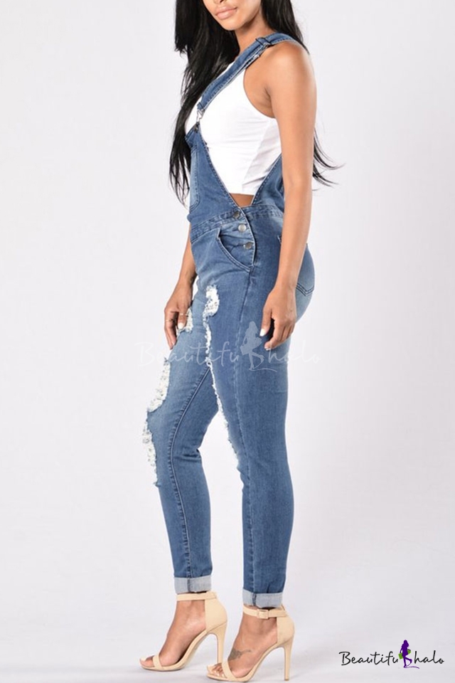 New Fashion Ripped Out Denim Jumpsuit - Beautifulhalo.com