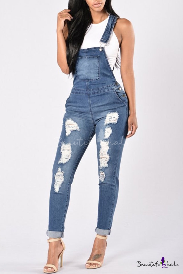 New Fashion Ripped Out Denim Jumpsuit - Beautifulhalo.com