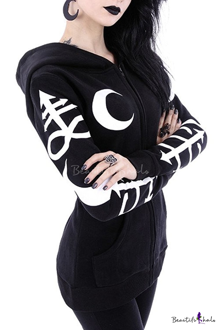 Fashionable Gothic Totem Letter Printed Zip-up Slim-Fit Hoodie ...