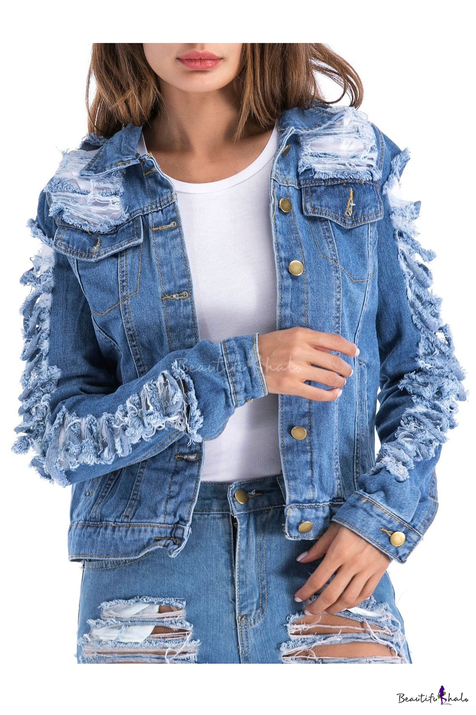 Stylish Collared Long Sleeve Ripped Denim Jacket 