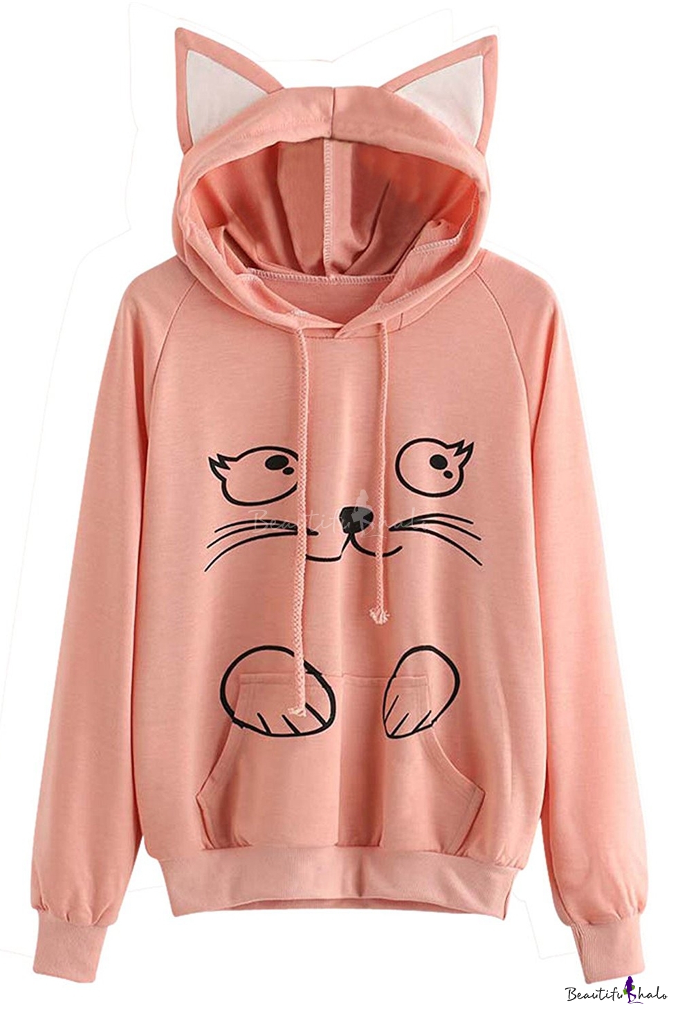 Lovely Cat Cartoon Pattern Long Sleeves Pullover Hoodie with Ears ...