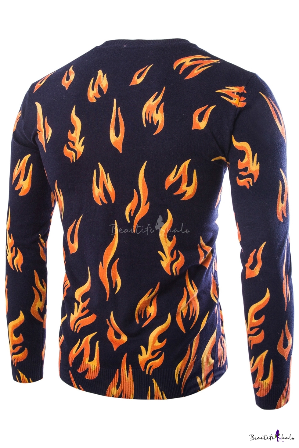 Trendy Fire Flame Pattern Round Neck Long Sleeves Pullover Sweater ...