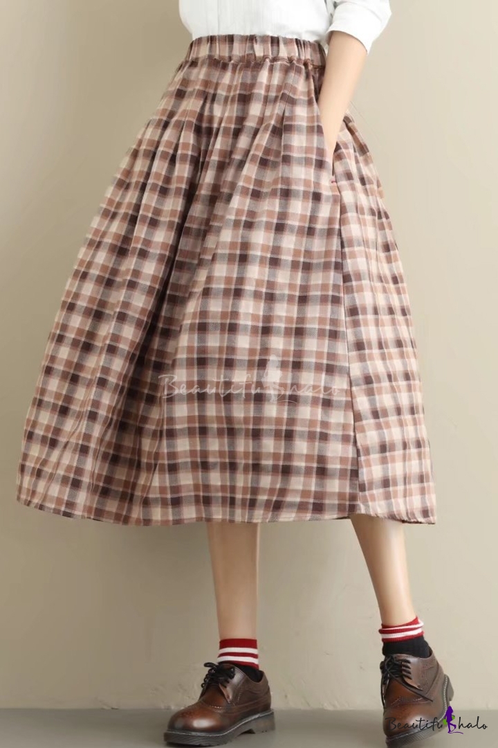 Pop Tartan Plaids Pattern Elastic Waist Midi A Line Skirt 8838