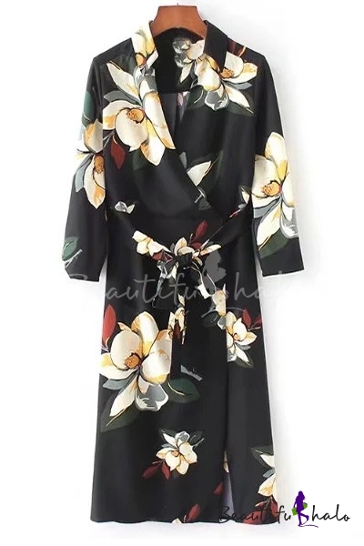 black long sleeve midi wrap dress