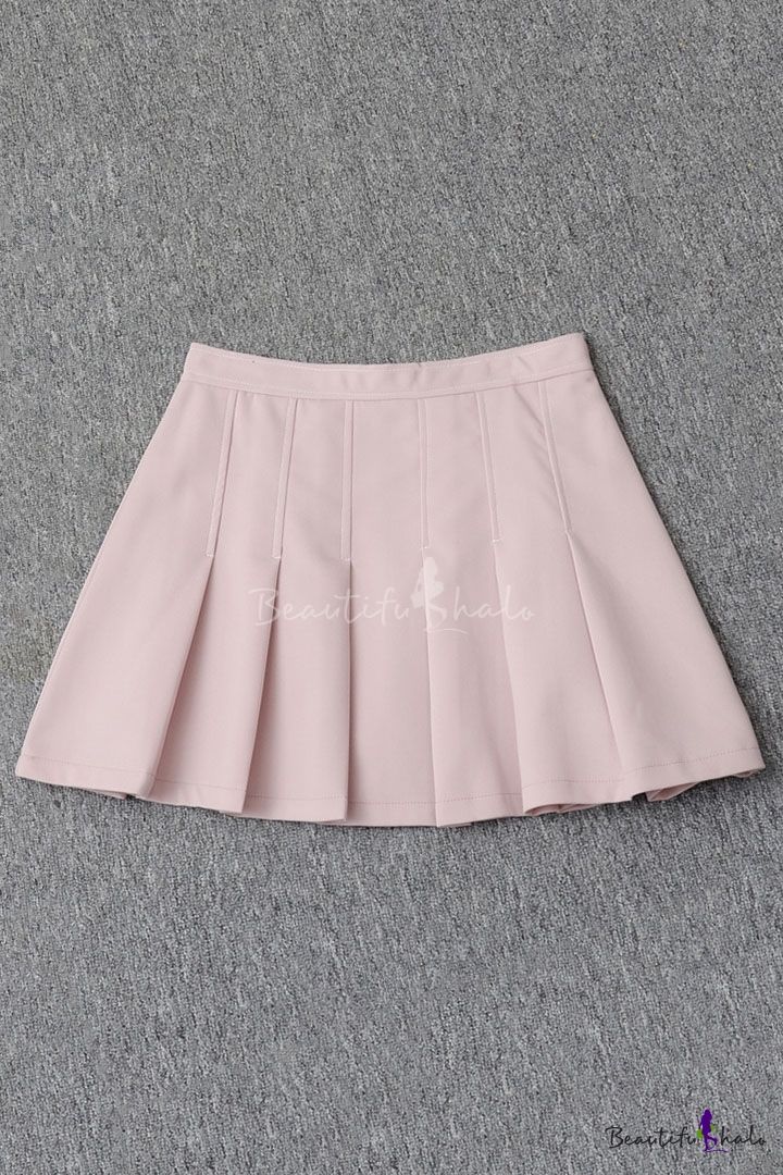 New Fashion Plain Zip Fly Mini Pleated Skirt - Beautifulhalo.com