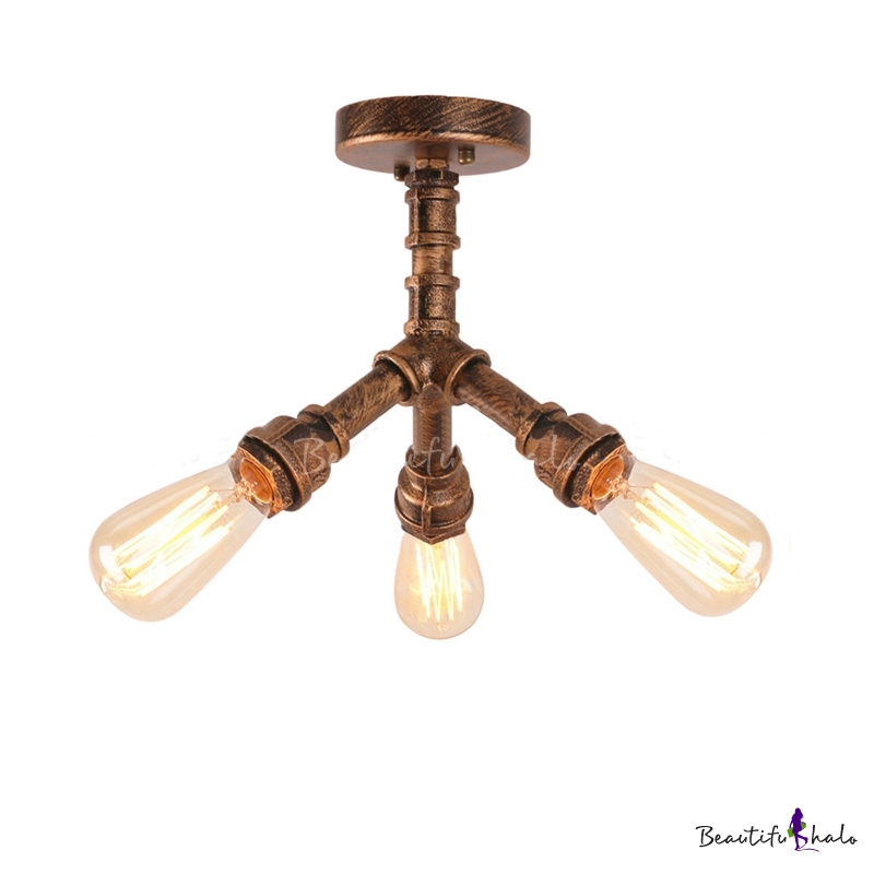 Industrial 3 Light Semi Flush Ceiling Light In Pipe Style Antique Brass