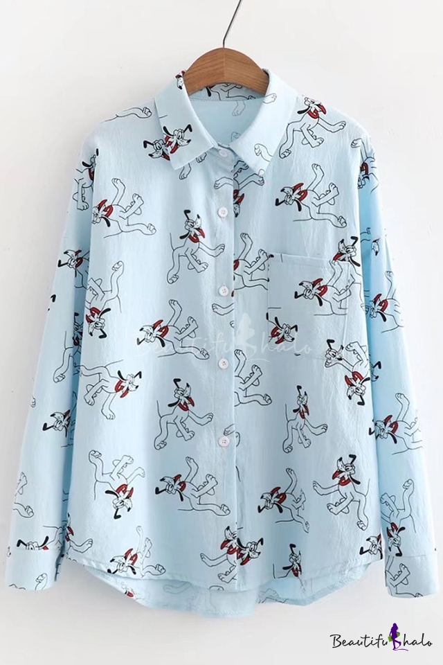 Repetitive Cartoon Dog Print Long Sleeve Button Down Lapel Shirt -  