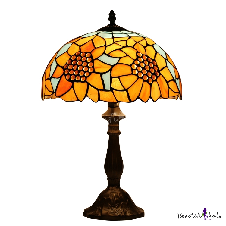 Sunflower Theme Tiffany Table Lamp With Stained Glass Dome Shade In 2