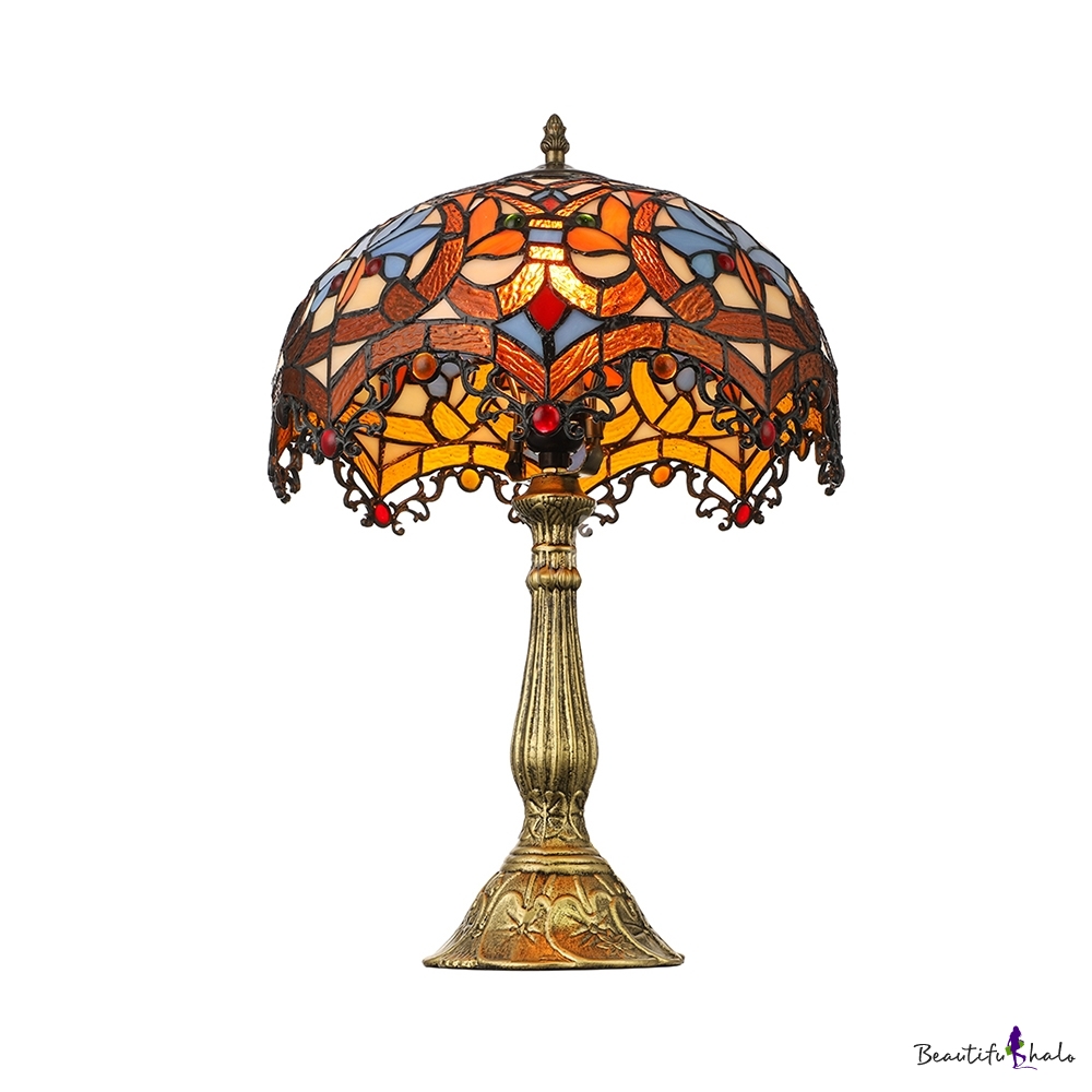 Victorian Tiffany Dome Shaped Table Lamp Stained Glass 19 H Single Light Table Lights In Multi