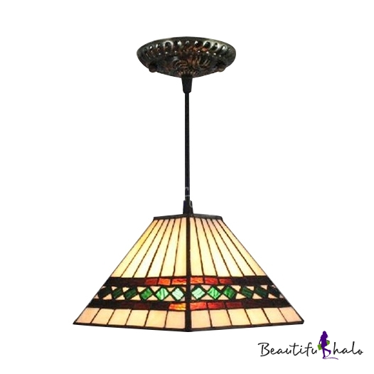 Pyramid Shaped Pendant Light with Mission Tiffany Glass Shade, 8