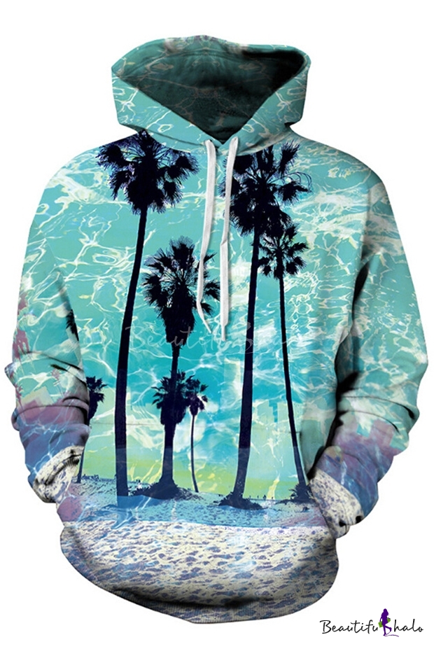 Hot Fashion Beach Palm Tree Landscape Print Long Sleeves Pullover Loose ...