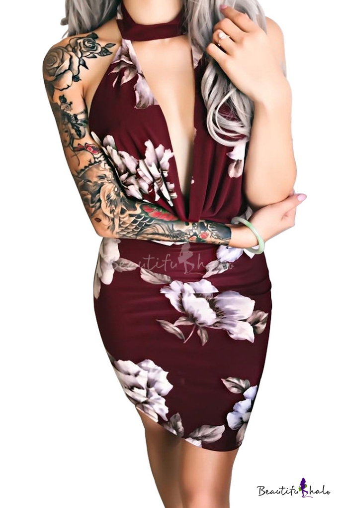 halter neck open back floral body con dress