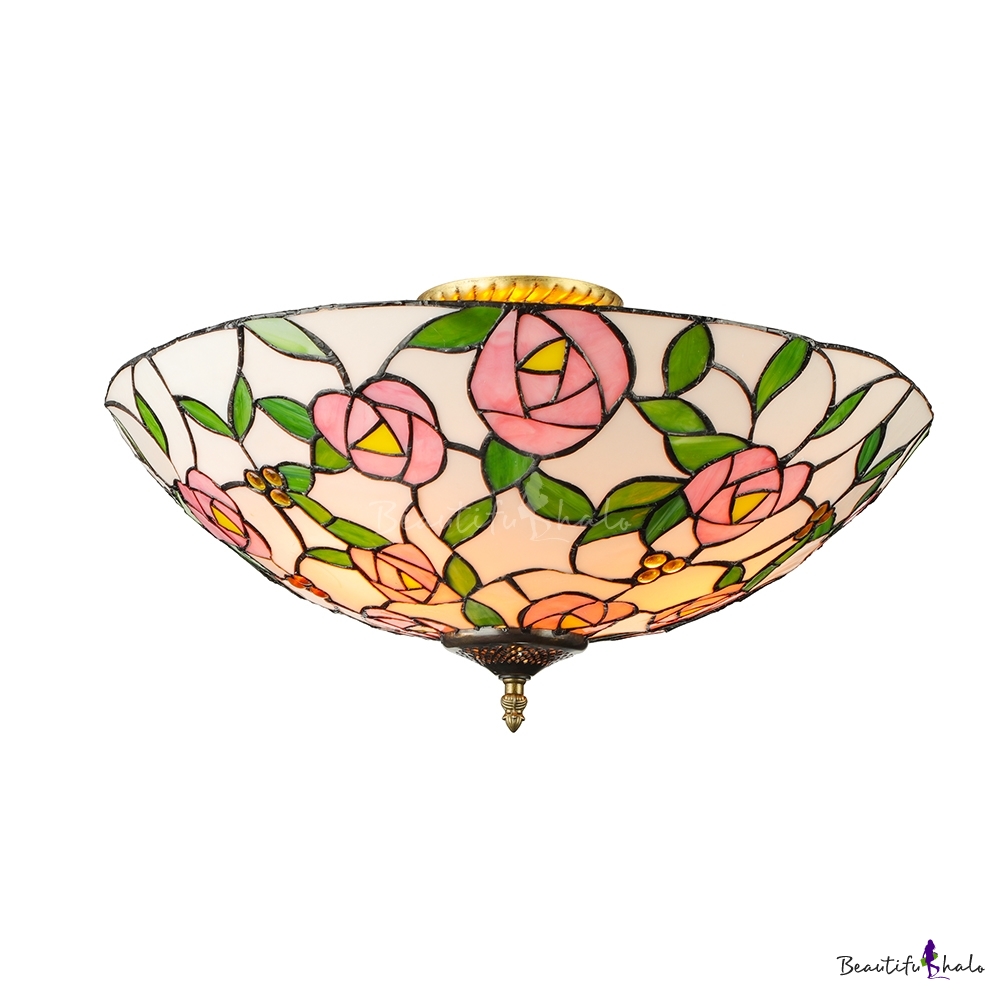 Five Light Flush Mount Ceiling Fixture with Pink Rose Pattern Tiffany ...