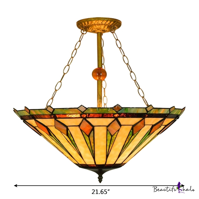 3-light Tiffany Art Glass Semi-flush Ceiling Light In Geometric Style 