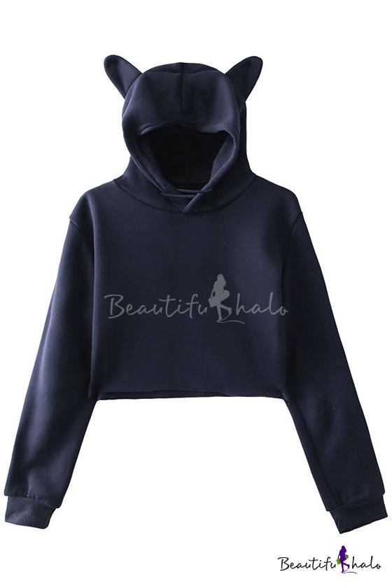 Cute Plain Cat's Ears Embellished Long Sleeve Crop Hoodie ...