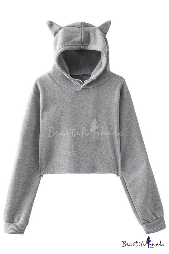 Cute Plain Cat's Ears Embellished Long Sleeve Crop Hoodie ...