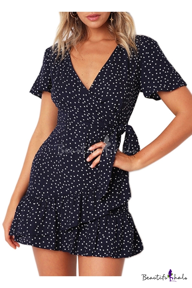 Polka Dot Sweetheart Neck Tie Ruffle Detail Mini Short Frill Party Shift Dress 