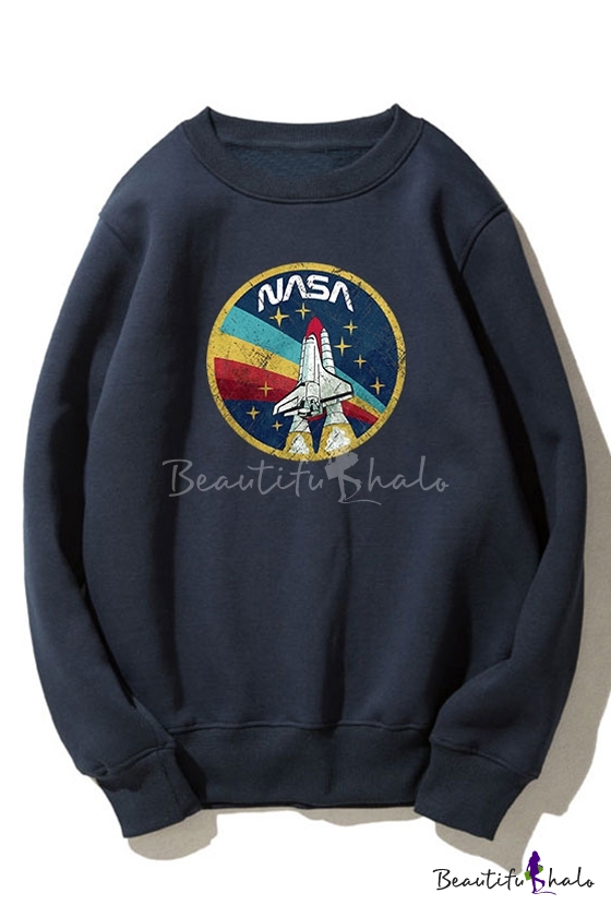 nasa letter painting printed color block round neck long sleeve sweatshirt