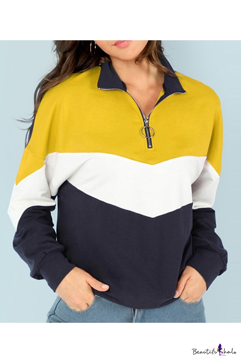 Half-Zip Stand Up Collar Color Block Long Sleeve Sweatshirt 
