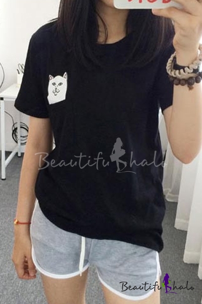 College Girl Style Pocket Cat Print Round Neck Tee - Beautifulhalo.com