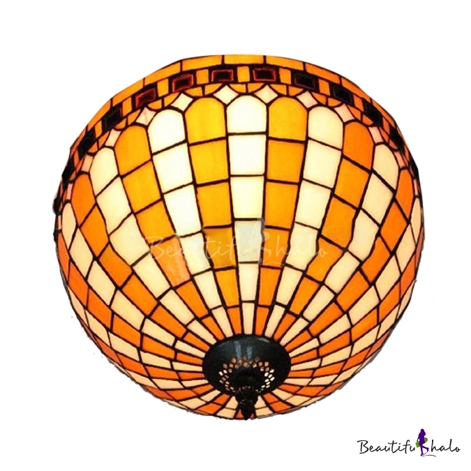 2 Light Tiffany Style Round Flush Mount Ceiling Fixture In Orange And White With 12