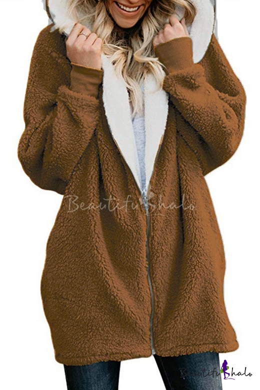 faux fur long sleeve plain loose hoodie