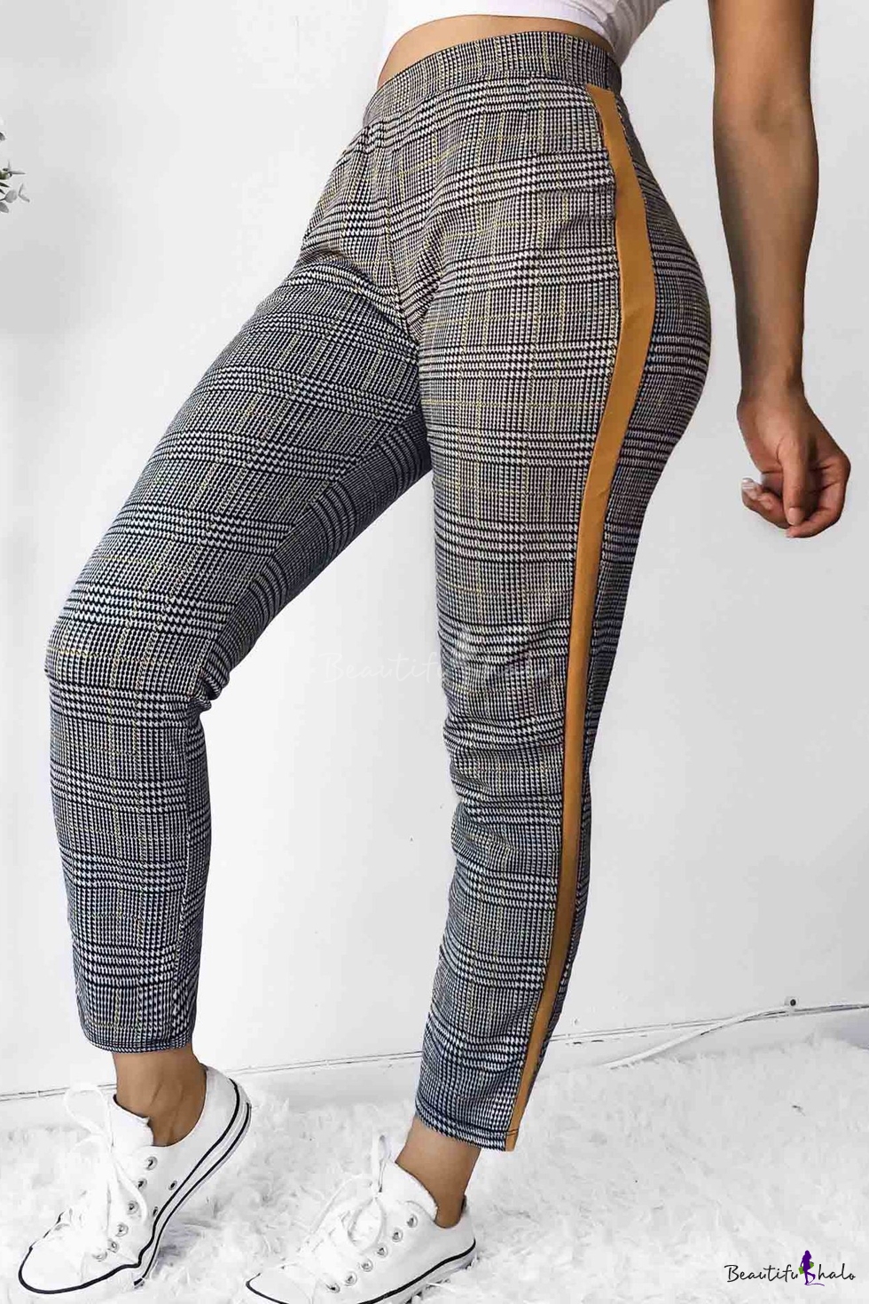 Classic Plaid Printed Striped Side Fashion Slim Fitted Pants 