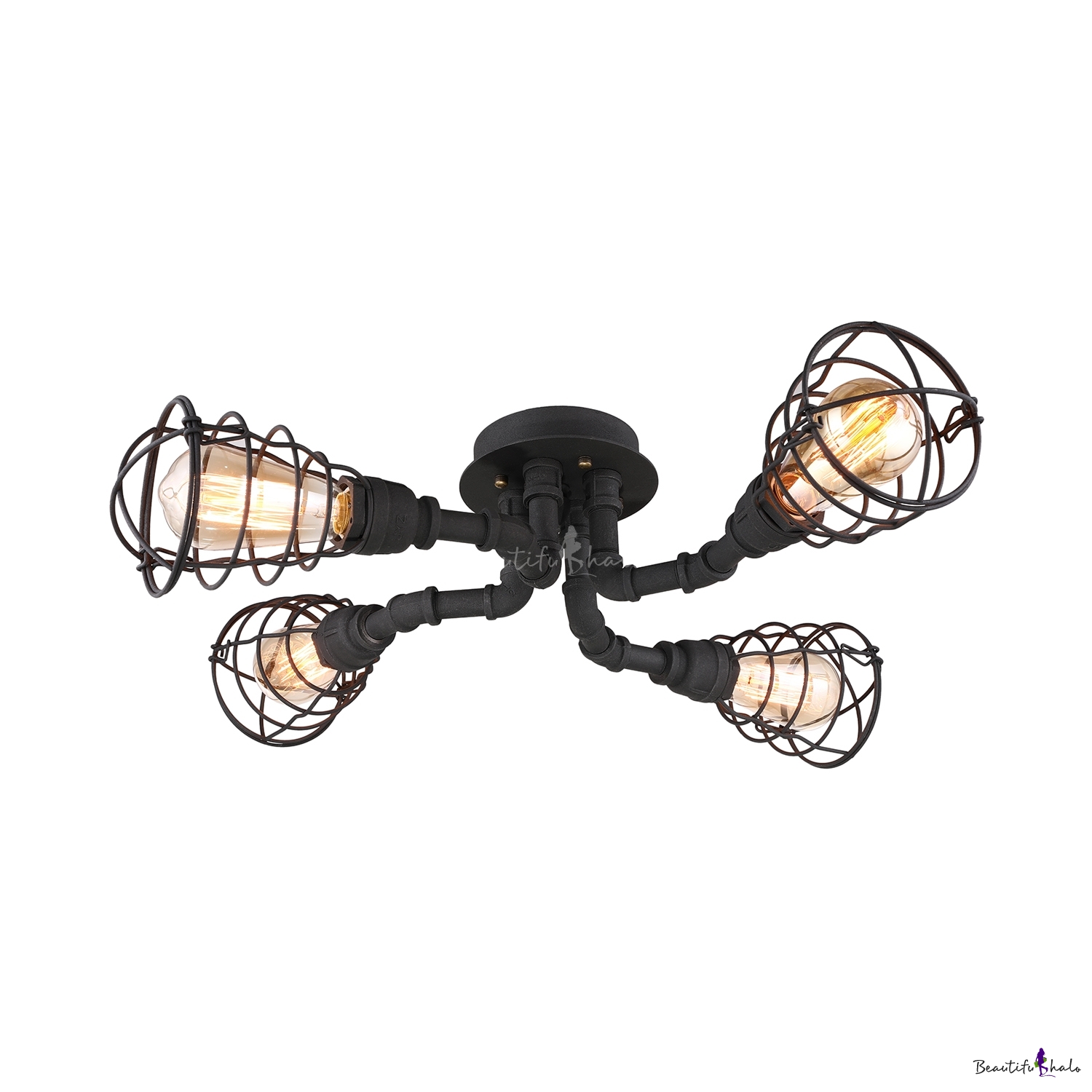 Wrought Iron Pipe Semi Flush Light Industrial Wire Guard 4 Light