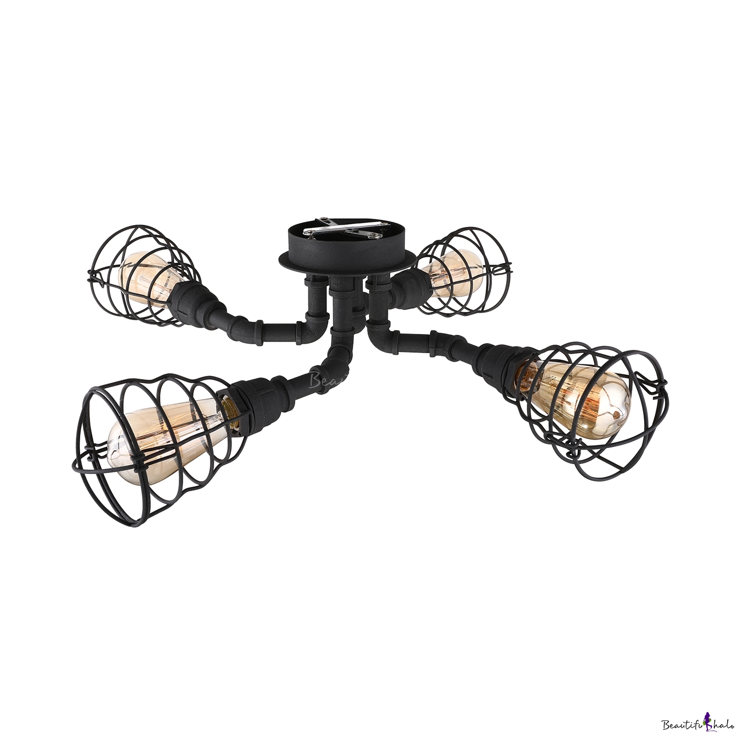 Wrought Iron Pipe Semi Flush Light Industrial Wire Guard 4 Light 