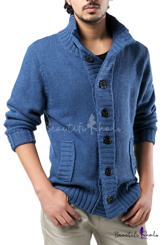 ARTFFEL Mens Pockets Knitted Stand Collar Buttons Long Sleeve Sweater Cardigans 