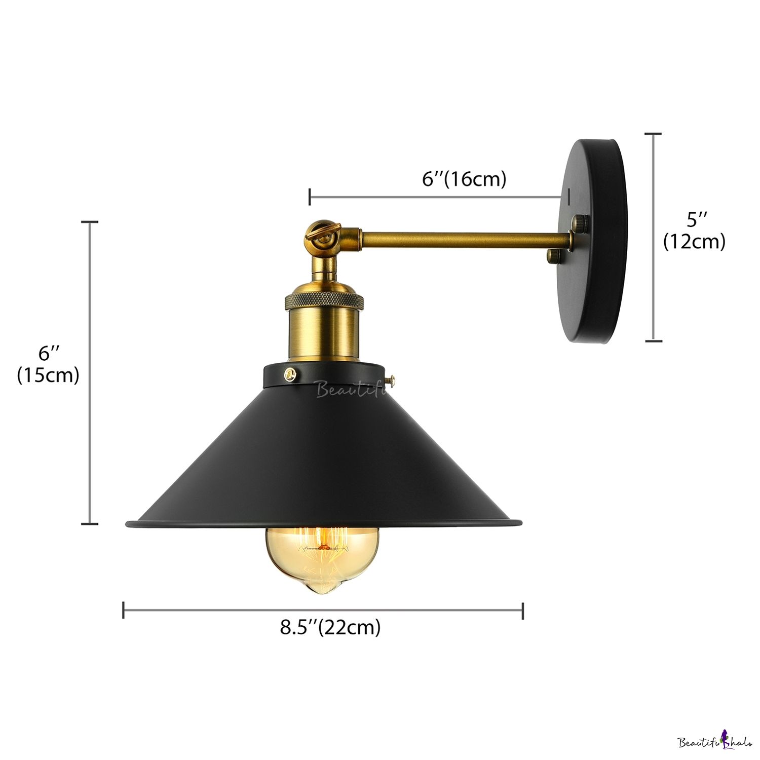 Industrial Wrought Iron Single Light Conical Shade Wall Sconce in Black ...