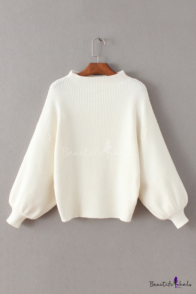 Plain Long Lantern Sleeve Mock Neck 