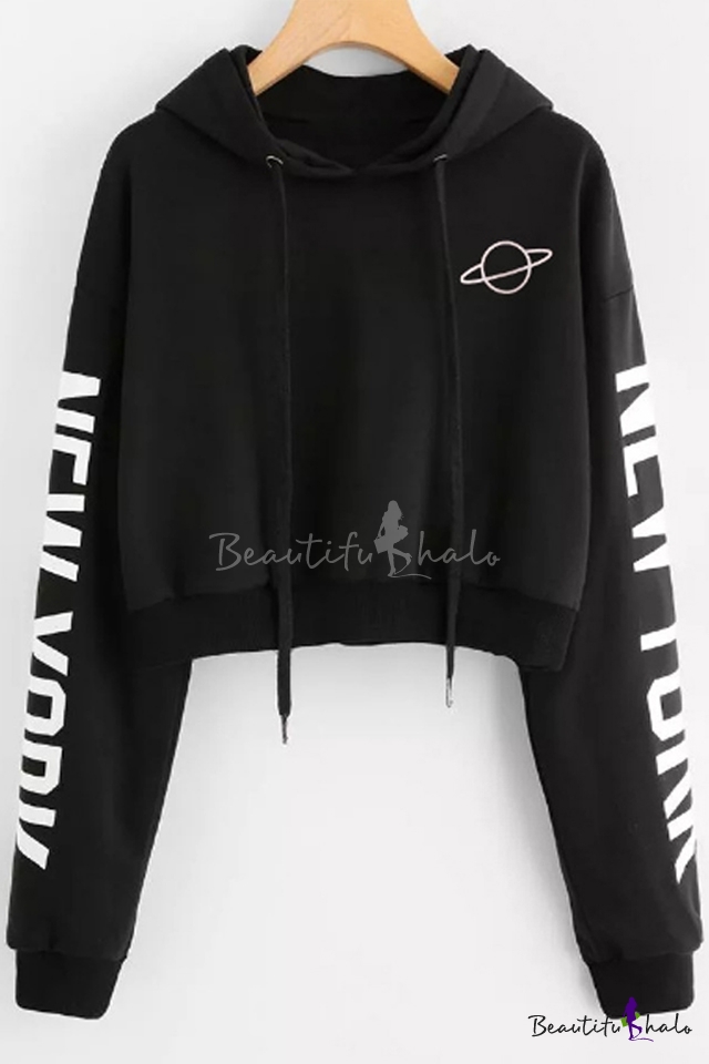 Letter Long Sleeve Planet Printed Cropped Hoodie - Beautifulhalo.com