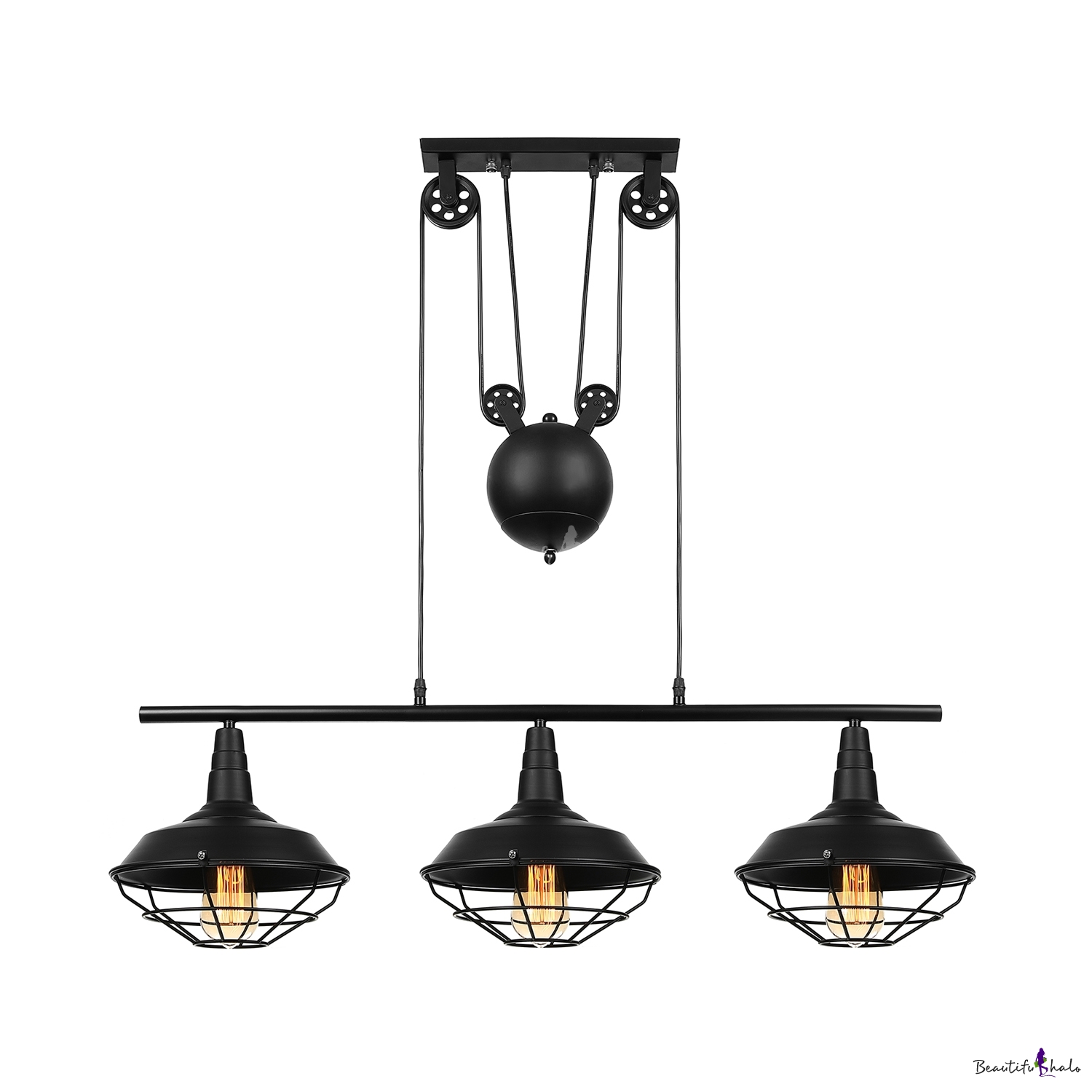 Pulley 3 Head Billiard Light in Balck Barn Shade with Wire Guard for ...