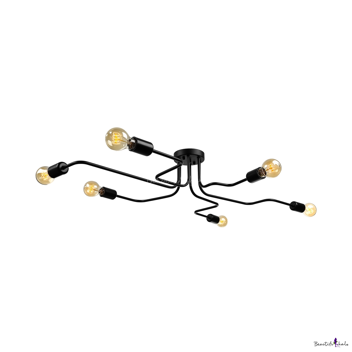 Wrought Iron Large Ceiling Fixture Industrial Vintage 6 Light Flush Mount Ceiling Light in Black