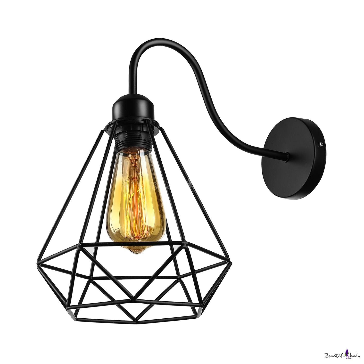 Industrial Wall Sconce with Wrought Iron Diamond Shape Metal Cage Frame ...