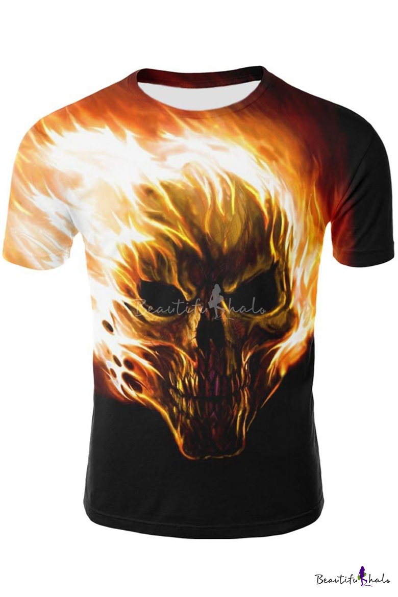 Awesome 3D Fire Skull Pattern Short Sleeve Men's Relaxed Black T-Shirt ...