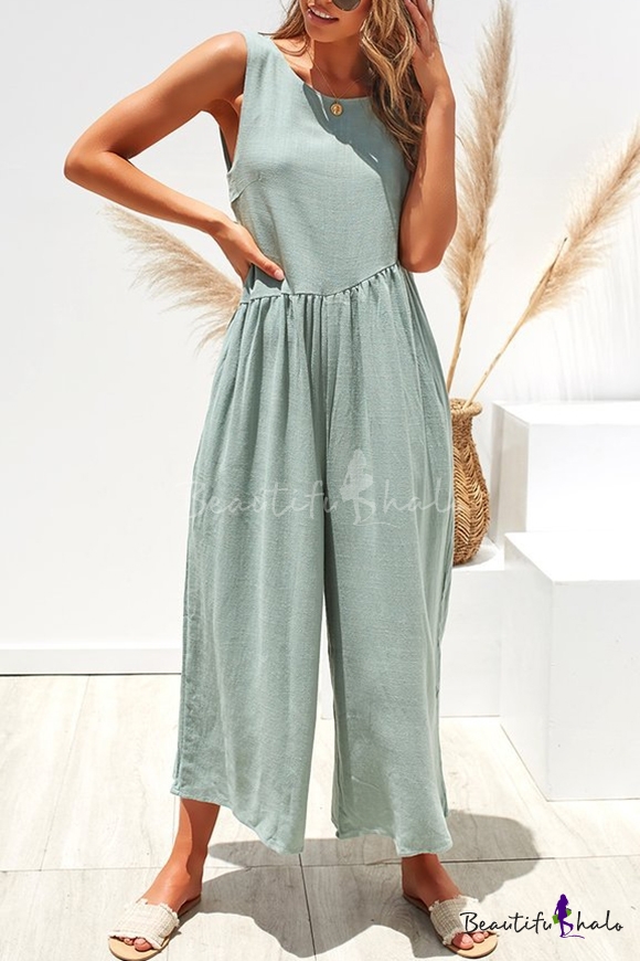 casual round collar plain loose sleeveless jumpsuit