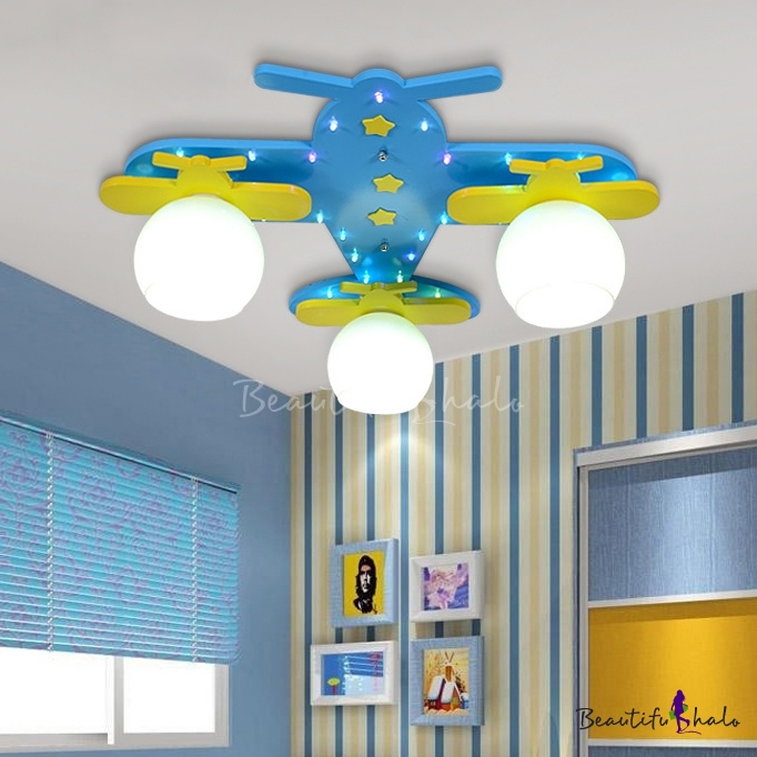 Blue Airplane Flush Mount With Globe Opal Glass Shade Triple Heads Ceiling Light For Youth