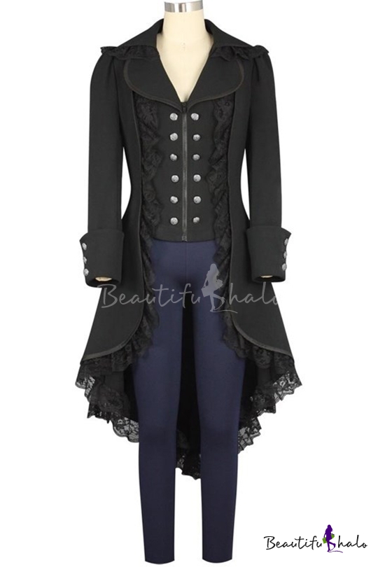 Womens Gothic Lace Tailcoat Steampunk Victorian Tail Jacket Long Trench Tuxedo Coat Victorian Costume Formal