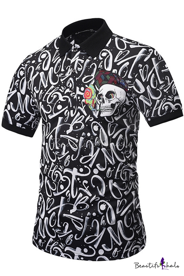 Men's Street Cool Letter Graffiti Skull Printed Short Sleeve Hip Hop ...