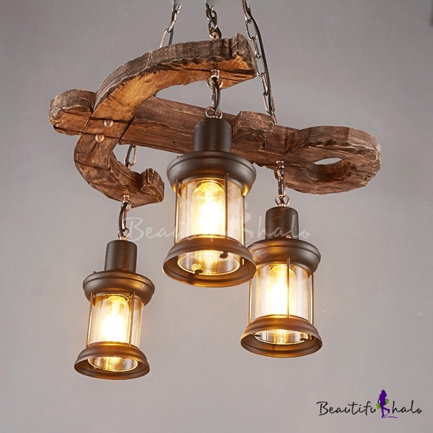 3 Heads Lantern Chandelier Light with Anchor Loft Style Wooden Light ...