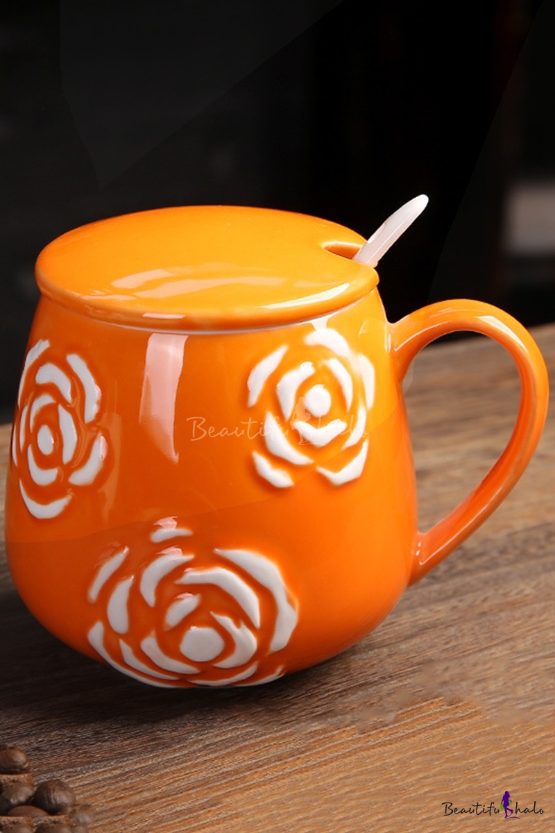 Fashion Rose Carved Cameo Ceramic Mug Cup with Lid Scoop 350ml ...