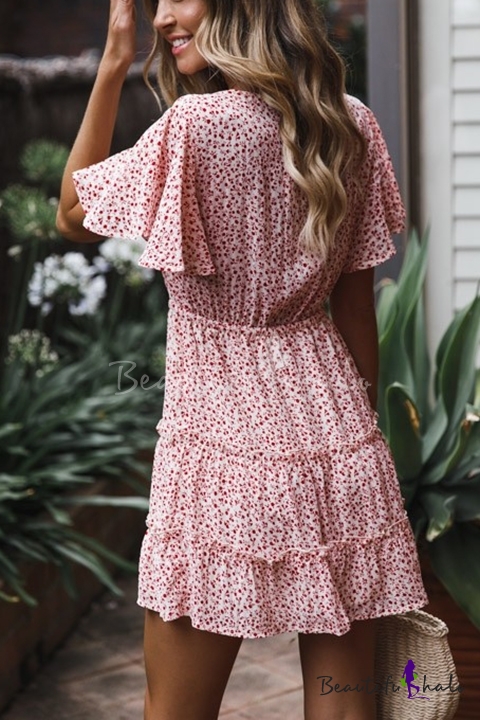 Summer's Fashion Floral Printed V-Neck Tied Waist Short Sleeve Mini A ...