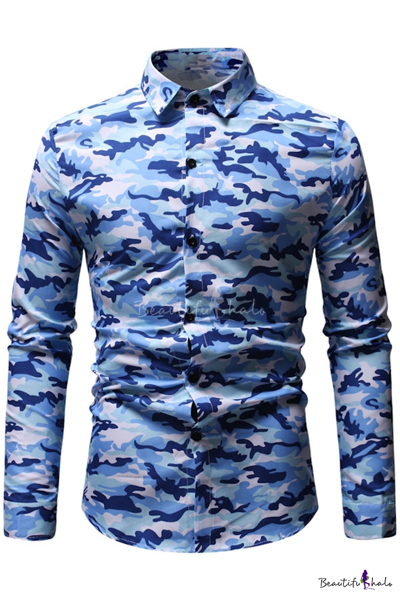 Mens New Fashionable Camo Printed Long Sleeve Fitted Button-Up Shirt ...