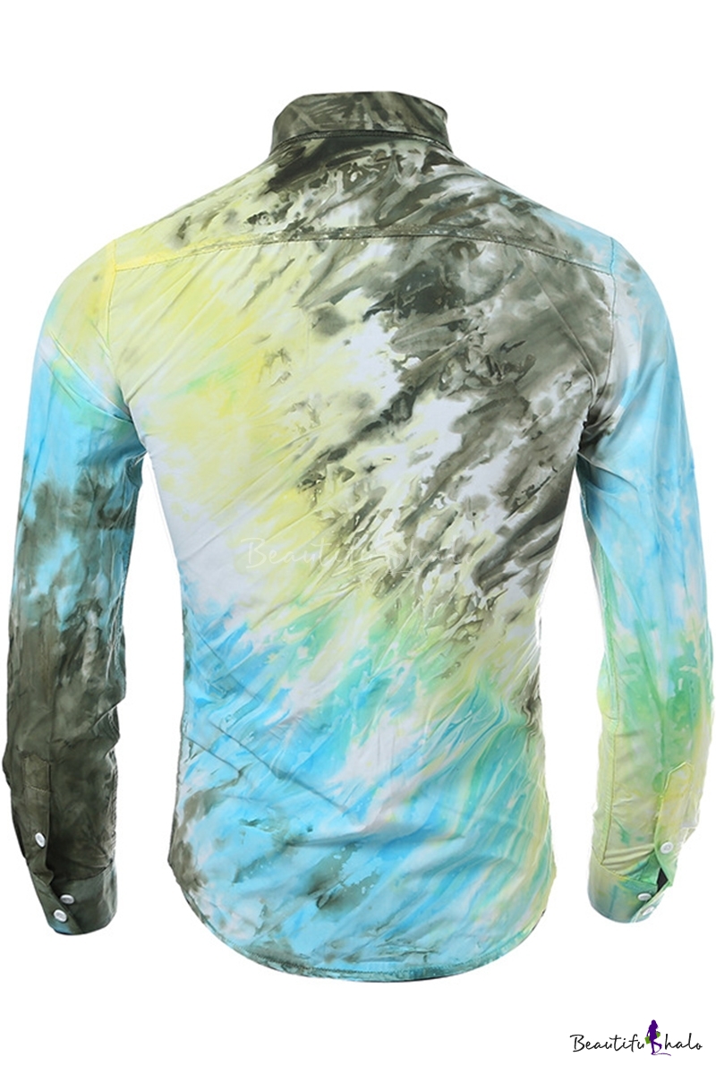 Unique Cool Three-Color Tie Dye Printed Men's Long Sleeve Button-Down ...