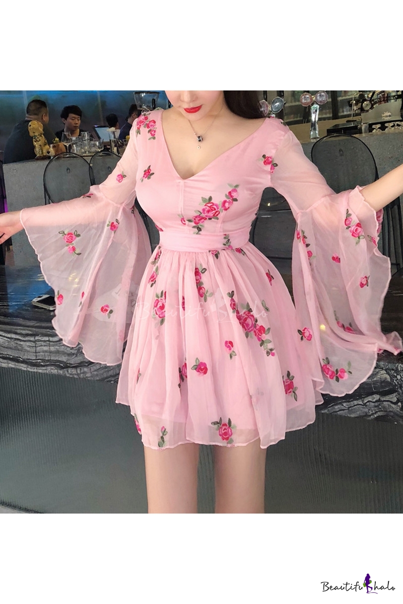 pink flare sleeve dress
